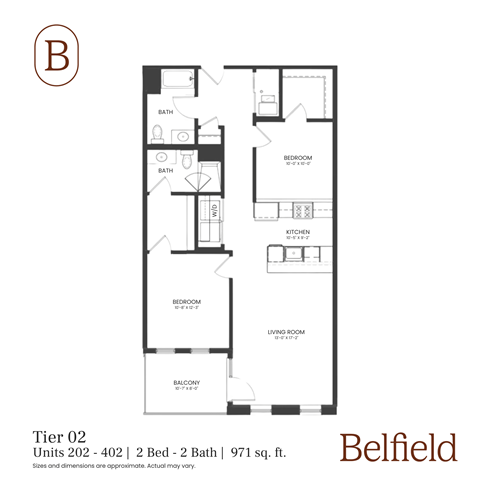 Floor plan for 2 beds, 2 baths, 971 sqft